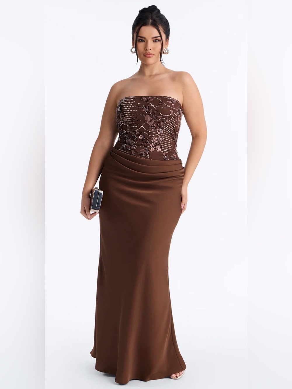 Fashion Nova Strapless Brown Embroidered Evening Gown